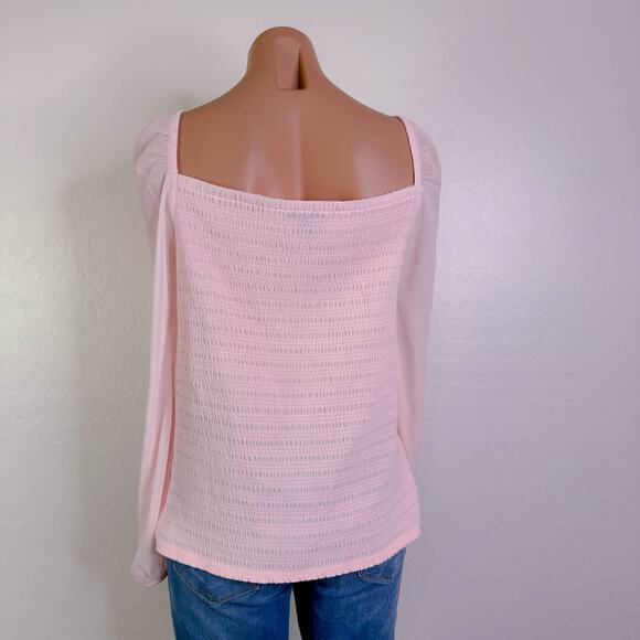 Halogen Square Neck Cottagecore Smocked Sheer Puff Long Sleeve Blouse Pink XXL - Picture 6 of 11